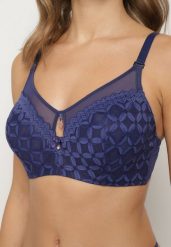 Granatowy Biustonosz o Kroju Full Cup Push-Up Zdobiony Geometrycznym Wzorem Zoliri. Niebieskie biustonosze Renee, z aplikacjami, z bawełny. W wyprzedaży za 35.99 zł.