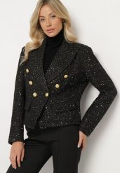 Czarna Dwurzędowa Marynarka Taliowana w Tweedowym Stylu z Imitacją Kieszeni Liolia. Czarne marynarki i żakiety Born2be, l, bez wzorów, eleganckie, bez ramiączek. W wyprzedaży za 297.49 zł.