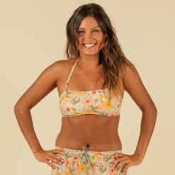 Góra kostiumu kąpielowego surfingowego damska Olaian Laura Vintage. Zielone bikini OLAIAN, bez wzorów, z elastanu, sportowe. W wyprzedaży za 29.99 zł.