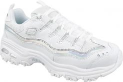 Buty do chodzenia damskie, Skechers D Lites. Białe buty treningowe Skechers, bez wzorów, z materiału, przed kostkę, bez zapięcia, trekkingowe. Za 199.99 zł.