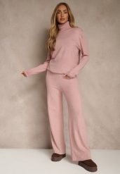 Różowy Komplet Dzianinowy z Wełną i Bawełną Szerokie Spodnie i Golf Lennria. Czerwone swetry Renee, bez wzorów, z bawełny, bez ramiączek. Za 139.99 zł.