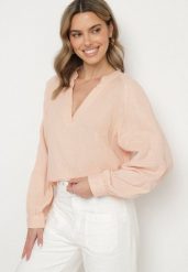 Beżowa Bawełniana Bluzka z Dekoltem w Serek Zdobiona Delikatnym Haftem Liserena. Brązowe bluzki Born2be, l, z aplikacjami, z bawełny, eleganckie, bez kołnierzyka, bez ramiączek. Za 89.99 zł.