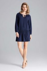 Luźna Granatowa Sukienka z Gumką na Biodrach. Czerwone sukienki Figl, l, bez wzorów, z elastanu, wizytowe, bez kołnierzyka, bez ramiączek. Za 269.00 zł.