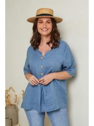 Curvy Lady Lniana bluzka w kolorze niebieskim rozmiar: 40/42. Niebieskie bluzki Curvy Lady, bez wzorów, ze lnu, klasyczne, bez kołnierzyka, bez ramiączek. Za 96.83 zł.