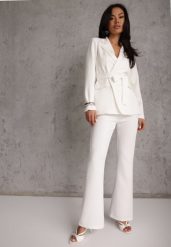 Biały Komplet o Garniturowym Kroju z Marynarką z Wiązaniem i Spodniami Falestra. Białe marynarki i żakiety Renee, m, bez wzorów, casualowe, bez ramiączek. Za 229.99 zł.