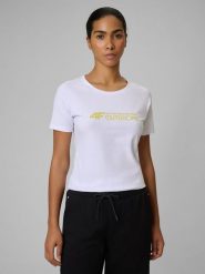 4F T-shirt slim z nadrukiem damski - biały L. Białe t-shirty 4f, l, bez wzorów, z materiału, bez kołnierzyka, bez ramiączek. Za 59.99 zł.