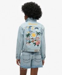 Kurtka jeansowa ozdobiona. Szare kurtki Superdry, bez wzorów, z bawełny, bez kaptura. Za 480.80 zł.