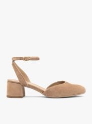 Jasnobrązowe czółenka slingback. Brązowe czółenka Ryłko, bez wzorów, ze skóry, klasyczne, bez obcasa, na obcasie, bez zapięcia. Za 399.99 zł.