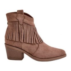 Botki Kowbojki Damskie Na Zamek Eko Zamszowe Brązowe S.Barski HY42-127. Brązowe botki z aplikacjami, z zamszu, eleganckie, bez obcasa, bez zapięcia. Za 238.14 zł.