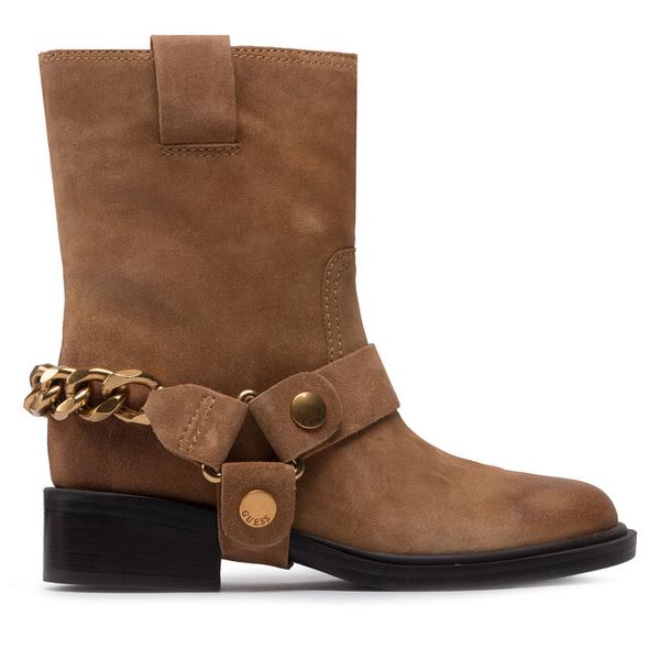 Kowbojki Guess. Brązowe botki Guess, z aplikacjami, bez obcasa, na płaskiej podeszwie, bez zapięcia. Za 659.99 zł.