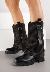 Czarne Botki z Wywiniętą Sztruksową cholewką i Paskiem Allmelia. Czarne botki Born2be, bez wzorów, z jeansu, klasyczne, bez obcasa, na płaskiej podeszwie, bez zapięcia. Za 179.99 zł.
