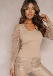 Beżowy Sweter z Bufiastym Rękawem z Koronkowej Tkaniny Paolino. Brązowe swetry Renee, s, z aplikacjami, z koronki, casualowe, bez ramiączek. W wyprzedaży za 95.99 zł.