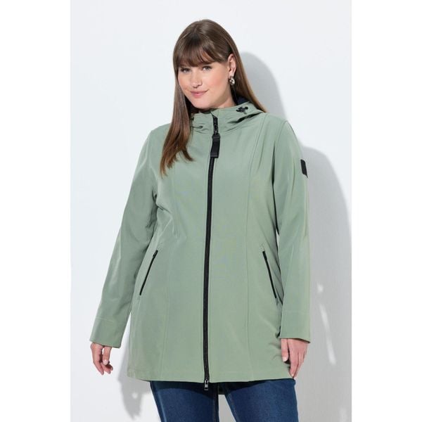 Damskie Długa kurtka softshell HYPRAR hydrofobowa trapezowy krój. Zielone kurtki przejściowe sportowe Ulla Popken, plus size, bez wzorów, z elastanu, bez kaptura, trekkingowe. Za 479.99 zł.
