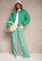 Zielone Wzorzyste Spodnie z Szerokimi Nogawkami i Gumką w Pasie z Wiskozy Zixia. Zielone jeansy Renee, bez wzorów, z jeansu, boho. W wyprzedaży za 32.99 zł.