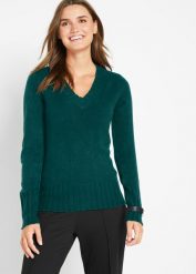 Sweter z dekoltem w serek. Zielone swetry bonprix, bez wzorów, bez ramiączek. Za 64.99 zł.