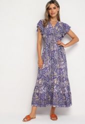 Granatowa Rozkloszowana Kopertowa Sukienka z Bawełny o Wzorze Paisley z Gumką w Talii Zonne. Niebieskie sukienki Born2be, na co dzień, l, bez wzorów, z bawełny, eleganckie, bez kołnierzyka, bez ramiączek, mini, kopertowe. W wyprzedaży za 33.99 zł.
