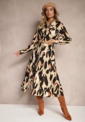 Beżowa Wzorzysta Sukienka o Koszulowym Kroju z Paskiem z Plecionki Mirirani. Brązowe sukienki Renee, na co dzień, l, bez wzorów, z materiału, eleganckie, bez kołnierzyka, bez ramiączek, midi, kopertowe. W wyprzedaży za 118.99 zł.