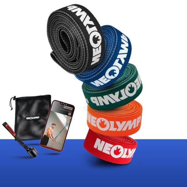 Zestaw taśm fitness z tkaniny – 5 poziomów oporu, taśmy treningowe z torbą. Torby sportowe NEOLYMP, bez wzorów, ze skóry. Za 314.99 zł.