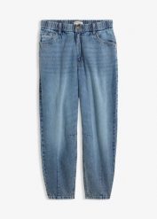 Jeansy typu barrel, cropped. Niebieskie jeansy bonprix, bez wzorów, z jeansu, z podwyższonym stanem. Za 77.99 zł.