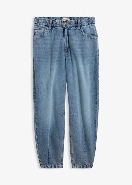 Jeansy typu barrel, cropped. Niebieskie jeansy bonprix, bez wzorów, z jeansu, z podwyższonym stanem. Za 77.99 zł.