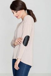 Beżowy Sweter z Łatami na Rękawach. Brązowe swetry Katrus, l, bez wzorów, z elastanu, bez ramiączek. Za 179.00 zł.