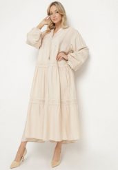 Beżowa Rozkloszowana Sukienka z Wiskozy z Koronkowymi Wstawkami Nalanieth. Brązowe sukienki Born2be, na co dzień, l, bez wzorów, z koronki, eleganckie, bez kołnierzyka, bez ramiączek, maxi, kopertowe. W wyprzedaży za 144.49 zł.