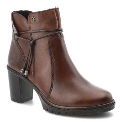 Botki damskie Rieker o eleganckim fasonie z ozdobnym wiązaniem i stabilnym obcasem typu słupek brązowe, Y2567-22 Brown. Brązowe botki Rieker, bez wzorów, z jeansu, eleganckie, bez obcasa, na obcasie, bez zapięcia. Za 429.00 zł.