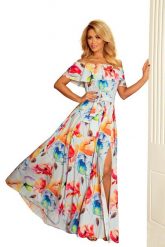 Kwiecista Maxi Sukienka z Hiszpańskim Dekoltem. Czerwone sukienki NUMOCO, l, bez wzorów, z materiału, bez kołnierzyka, bez ramiączek, maxi. Za 419.90 zł.