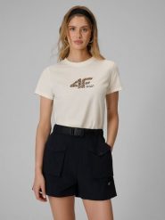 4F T-shirt regular z nadrukiem damski - biały L. Brązowe t-shirty 4f, l, bez wzorów, z bawełny, bez kołnierzyka, bez ramiączek. Za 59.99 zł.