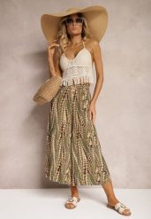 Zielono-Beżowe Spodnie High Waist o Szerokich Nogawkach z Wiskozy Wykończone Gumką w Talii Krifea. Zielone jeansy Renee, na lato, l, bez wzorów, z jeansu, z podwyższonym stanem. W wyprzedaży za 43.99 zł.