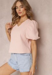 Różowa Bluzka z Trójkątnym Dekoltem i Krótkimi Bufiastymi Rękawami Dysia. Czerwone bluzki Renee, m, bez wzorów, eleganckie, bez kołnierzyka, bez ramiączek. W wyprzedaży za 95.99 zł.