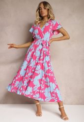 Różowo-Niebieska Kopertowa Plisowana Sukienka Koktajlowa z Gumką i Paskiem w Talii Benelsea. Czerwone sukienki Renee, m, bez wzorów, z materiału, eleganckie, bez kołnierzyka, bez ramiączek, maxi, dopasowane. W wyprzedaży za 67.99 zł.