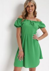 Zielona Sukienka Mini Hiszpanka z Marszczoną Gumką Lakenzie. Zielone sukienki Born2be, na imprezę, m, bez wzorów, bez kołnierzyka, bez ramiączek, mini, rozkloszowane. Za 59.99 zł.