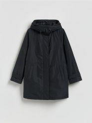 Kurtka z kapturem - czarny. Czarne kurtki Reserved, l, bez wzorów, z tkaniny, z kapturem. Za 199.99 zł.