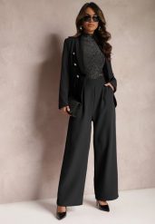 Czarne Szerokie Spodnie w Eleganckim Stylu Hanessame. Czarne jeansy Renee, l, bez wzorów, z jeansu, eleganckie. W wyprzedaży za 67.99 zł.