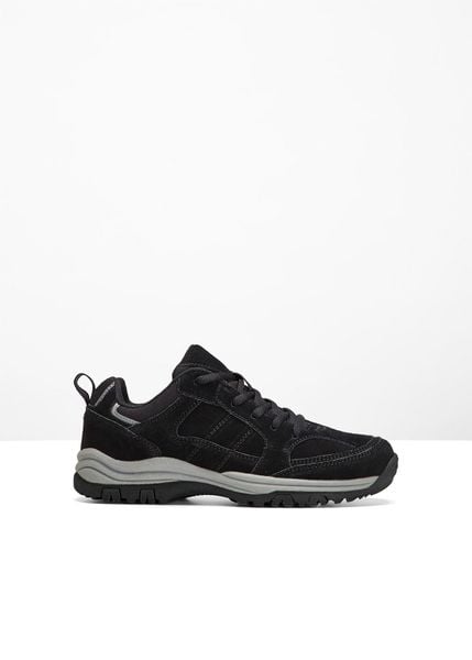 Buty trekkingowe ze skóry zamszowej. Czarne buty trekkingowe bonprix, ze skóry, bez zapięcia. Za 189.99 zł.