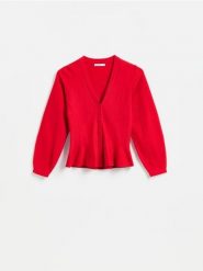 Kardigan z baskinką - czerwony. Czerwone swetry Reserved, l, bez wzorów, z dzianiny, bez ramiączek. Za 139.99 zł.