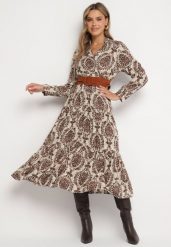 Brązowa Wiskozowa Kopertowa Sukienka w Stylu Boho z Materiałowym Paskiem z Klamrą Rinovia. Brązowe sukienki Born2be, l, bez wzorów, z materiału, boho, bez kołnierzyka, bez ramiączek, midi, kopertowe. W wyprzedaży za 110.49 zł.