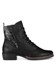 Rieker Trzewiki Y0800-00 Czarny. Czarne botki Rieker, bez wzorów, z materiału, bez obcasa, na płaskiej podeszwie, bez zapięcia. Za 295.99 zł.