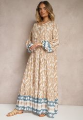 Beżowa Wiskozowa Sukienka z Printem w Stylu Boho z Chwostami Erianea. Brązowe sukienki Renee, na co dzień, l, bez wzorów, z wiskozy, boho, bez kołnierzyka, bez ramiączek, maxi, proste. W wyprzedaży za 63.99 zł.