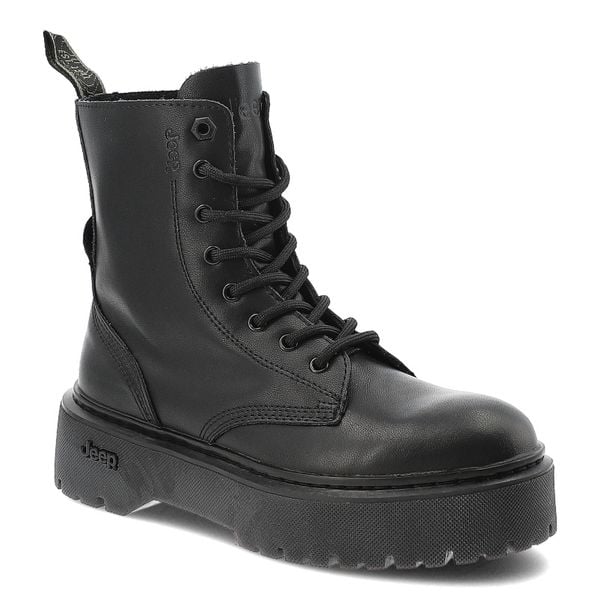 Czarne Trapery Jeep Stylowe Skórzane Buty Damskie. Czarne traperki Jeep, bez wzorów, eleganckie, przed kolano, bez obcasa, na platformie, bez zapięcia. Za 348.99 zł.