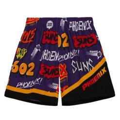 Spodenki z naklejką Phoenix Suns Swingman 1996/97. Fioletowe szorty Mitchell & Ness, bez wzorów, sportowe. Za 375.00 zł.