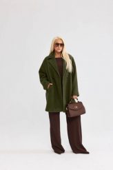 Damski płaszcz Isabella z tkaniny bukla w kolorze oliwkowym - elegancja i komfort PLUS SIZE XXL OVERSIZE JESIEŃ. Zielone płaszcze Moda Size Plus Iwanek, na jesień, l, bez wzorów, z poliesteru, eleganckie, bez kaptura. Za 559.90 zł.