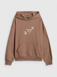 4F Bluza dresowa loose z kapturem damska - beżowa L. Brązowe bluzy 4f, l, bez wzorów, z bawełny, z kapturem. Za 189.99 zł.