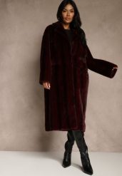 Bordowy Futrzany Płaszcz Oversize z Kieszeniami z Klapami Zellnessa. Czerwone płaszcze Renee, l, bez wzorów, z futra, bez kaptura. Za 329.99 zł.