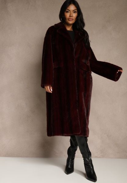 Bordowy Futrzany Płaszcz Oversize z Kieszeniami z Klapami Zellnessa. Czerwone płaszcze Renee, l, bez wzorów, z futra, bez kaptura. Za 329.99 zł.