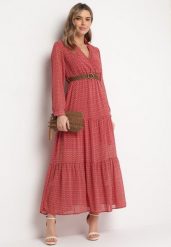 Czerwona Sukienka Z Paskiem Demusa. Czerwone sukienki Born2be, l, bez wzorów, z tkaniny, bez kołnierzyka, bez ramiączek, maxi, kopertowe. Za 64.99 zł.