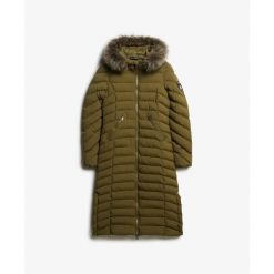 Długa kurtka z kapturem z sztucznego futra dla kobiet Superdry Fuji. Zielone kurtki Superdry, na zimę, l, z aplikacjami, z puchu, eleganckie, z kapturem. Za 723.05 zł.