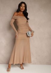 Ciemnobeżowa Koktajlowa Sukienka z Prześwitującymi Rękawami i Marszczeniem Haludea. Brązowe sukienki Renee, na imprezę, l, bez wzorów, klasyczne, bez kołnierzyka, bez ramiączek, maxi. Za 149.99 zł.