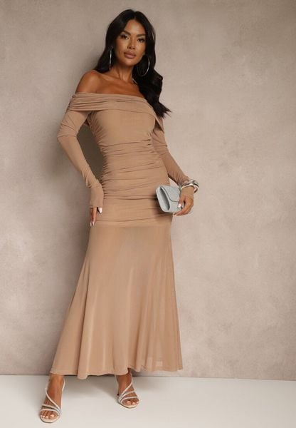 Ciemnobeżowa Koktajlowa Sukienka z Prześwitującymi Rękawami i Marszczeniem Haludea. Brązowe sukienki Renee, na imprezę, l, bez wzorów, klasyczne, bez kołnierzyka, bez ramiączek, maxi. Za 149.99 zł.